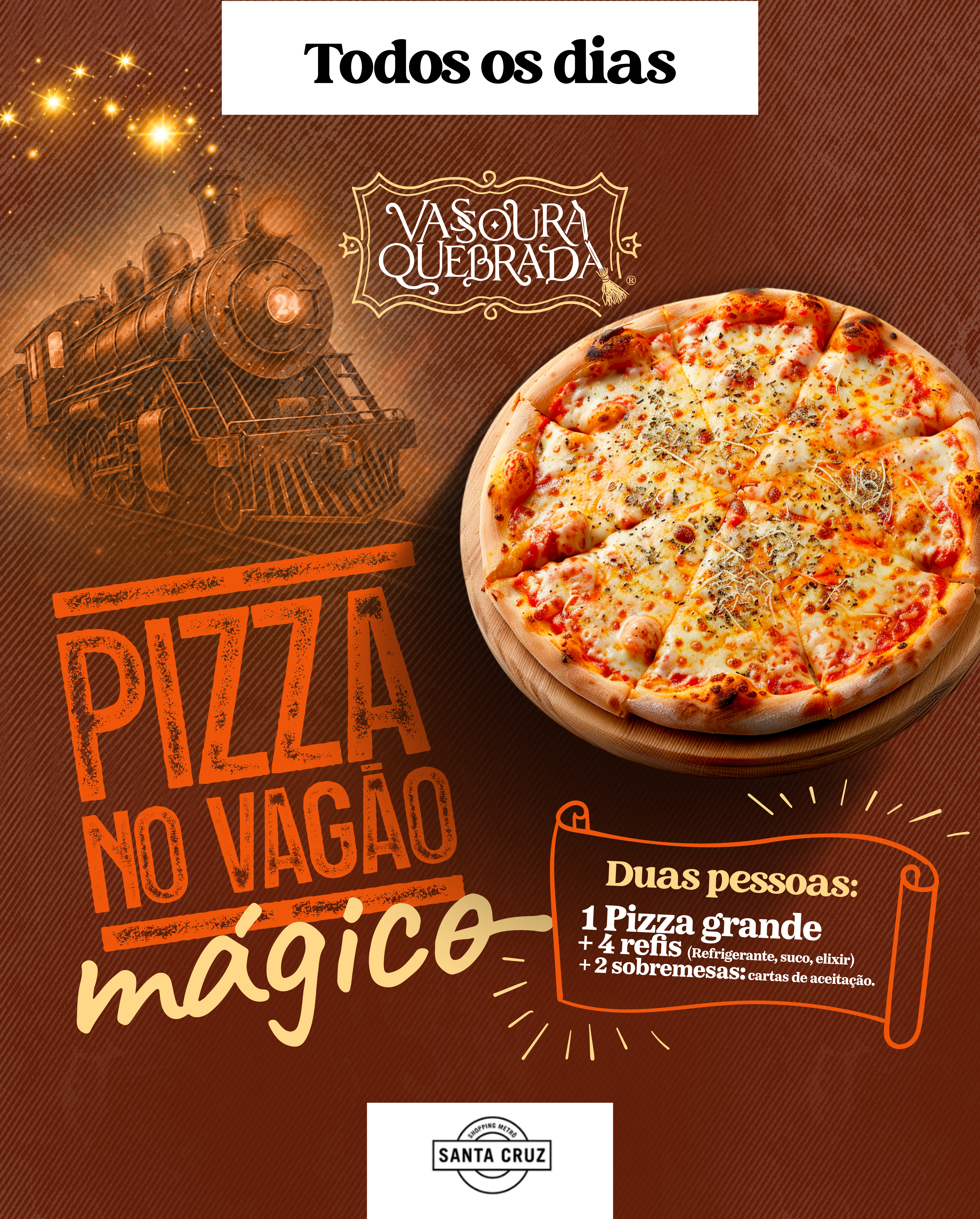 PIZZA NO VAGÃO - BEBIDA E SOBREMESA 2 PESSOAS